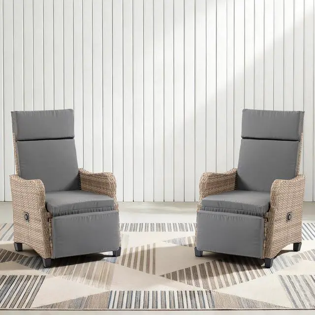 Main image of VANBOW 2 Set Outdoor Recliner Chair for Patio 2-in-1 Convertible Footrest & Rocking Mode, 90-135° Adjustable Backrest, Rattan Wicker Chair with Removable Cushion for Garden, Balcony, Porch, Gray