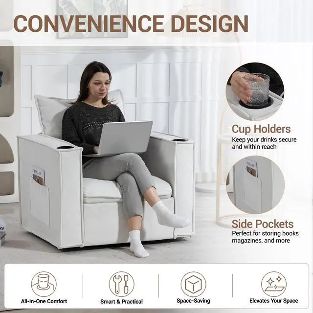 Alt view image 5 of 7 - VANBOW 32 Inches Wide Swivel Accent Chair with Cup Holders, Comfy Couch with Side Pockets, Modern Sofa Chair for Living Room, Bedroom, Corner, White