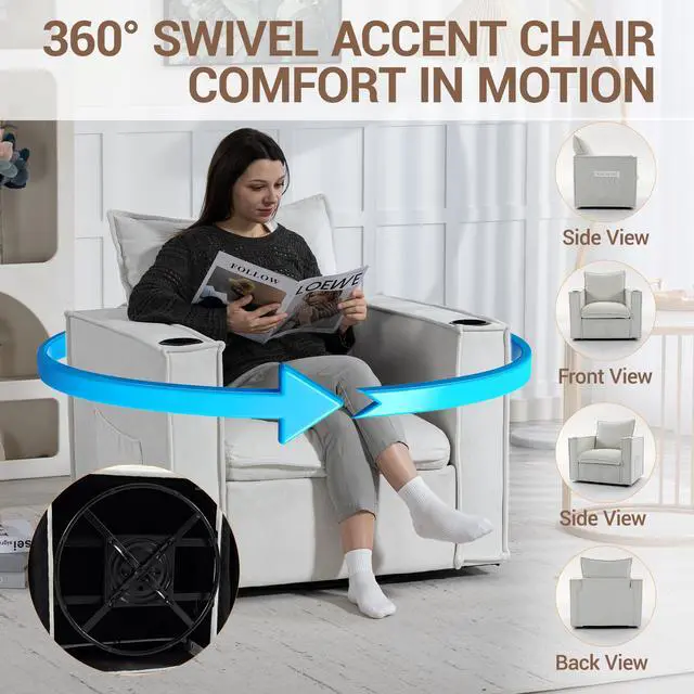 Alt view image 4 of 7 - VANBOW 32 Inches Wide Swivel Accent Chair with Cup Holders, Comfy Couch with Side Pockets, Modern Sofa Chair for Living Room, Bedroom, Corner, White