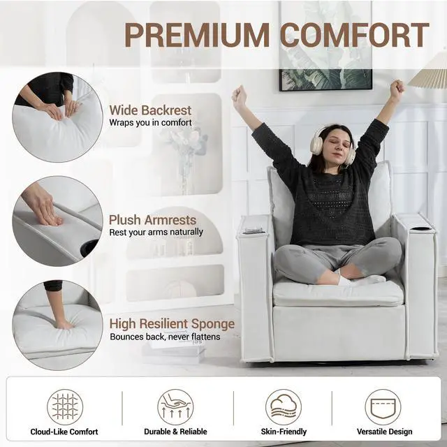 Alt view image 6 of 7 - VANBOW 32 Inches Wide Swivel Accent Chair with Cup Holders, Comfy Couch with Side Pockets, Modern Sofa Chair for Living Room, Bedroom, Corner, White