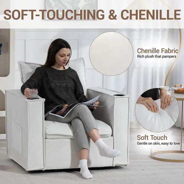 Alt view image 7 of 7 - VANBOW 32 Inches Wide Swivel Accent Chair with Cup Holders, Comfy Couch with Side Pockets, Modern Sofa Chair for Living Room, Bedroom, Corner, White