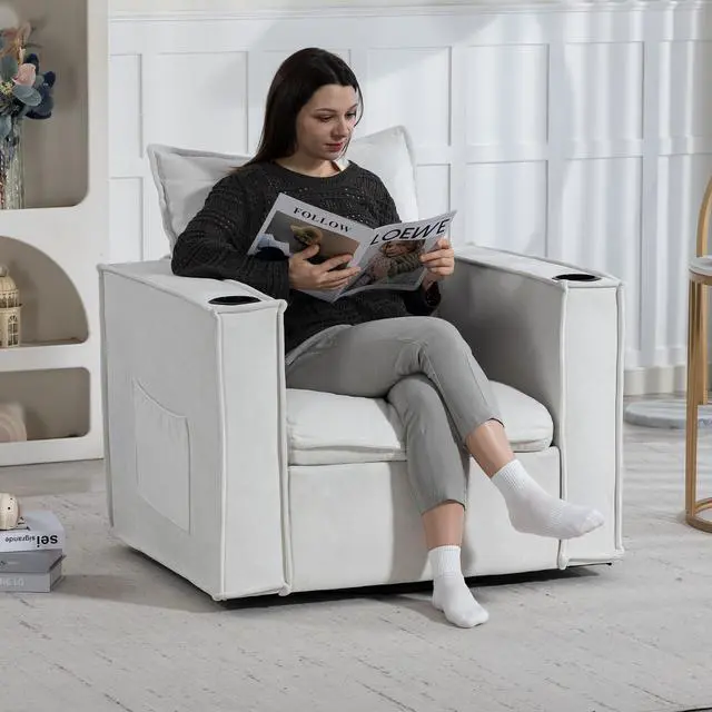 Alt view image 2 of 7 - VANBOW 32 Inches Wide Swivel Accent Chair with Cup Holders, Comfy Couch with Side Pockets, Modern Sofa Chair for Living Room, Bedroom, Corner, White