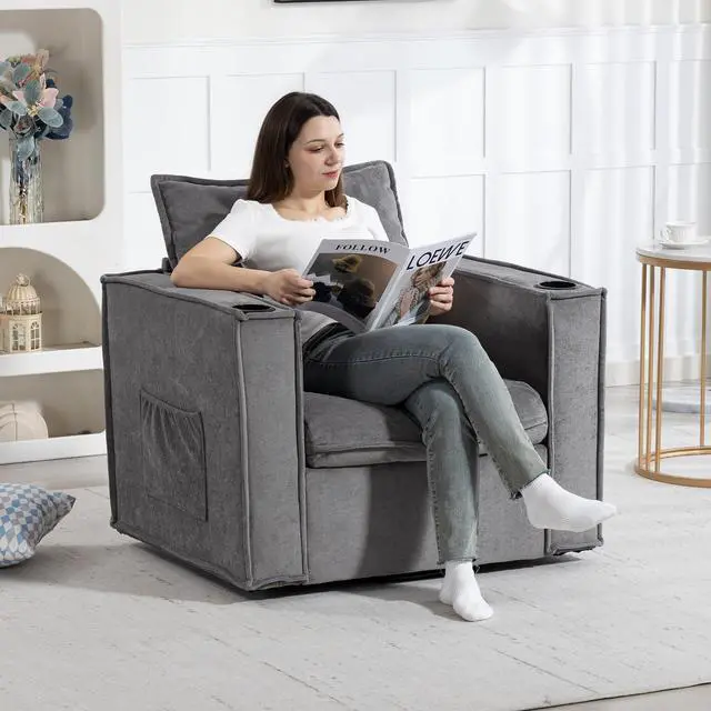 Main image of VANBOW 32 Inches Wide Swivel Accent Chair with Cup Holders, Comfy Couch with Side Pockets, Modern Sofa Chair for Living Room, Bedroom, Corner, Grey