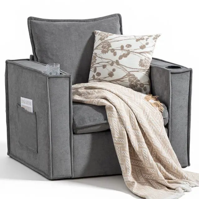 Alt view image 2 of 7 - VANBOW 32 Inches Wide Swivel Accent Chair with Cup Holders, Comfy Couch with Side Pockets, Modern Sofa Chair for Living Room, Bedroom, Corner, Grey