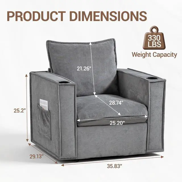 Alt view image 3 of 7 - VANBOW 32 Inches Wide Swivel Accent Chair with Cup Holders, Comfy Couch with Side Pockets, Modern Sofa Chair for Living Room, Bedroom, Corner, Grey