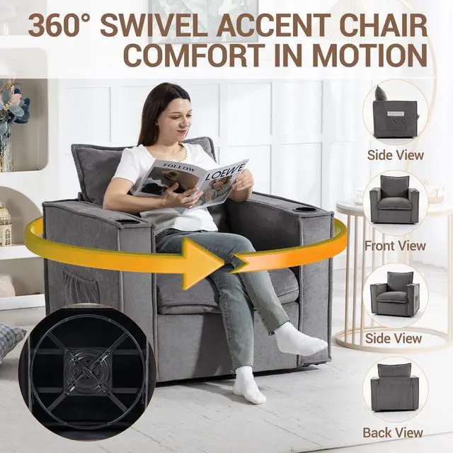 Alt view image 4 of 7 - VANBOW 32 Inches Wide Swivel Accent Chair with Cup Holders, Comfy Couch with Side Pockets, Modern Sofa Chair for Living Room, Bedroom, Corner, Grey