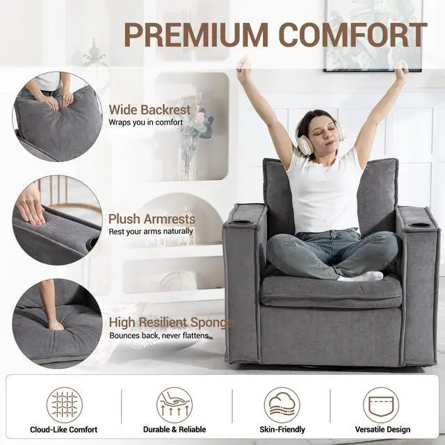 Alt view image 6 of 7 - VANBOW 32 Inches Wide Swivel Accent Chair with Cup Holders, Comfy Couch with Side Pockets, Modern Sofa Chair for Living Room, Bedroom, Corner, Grey