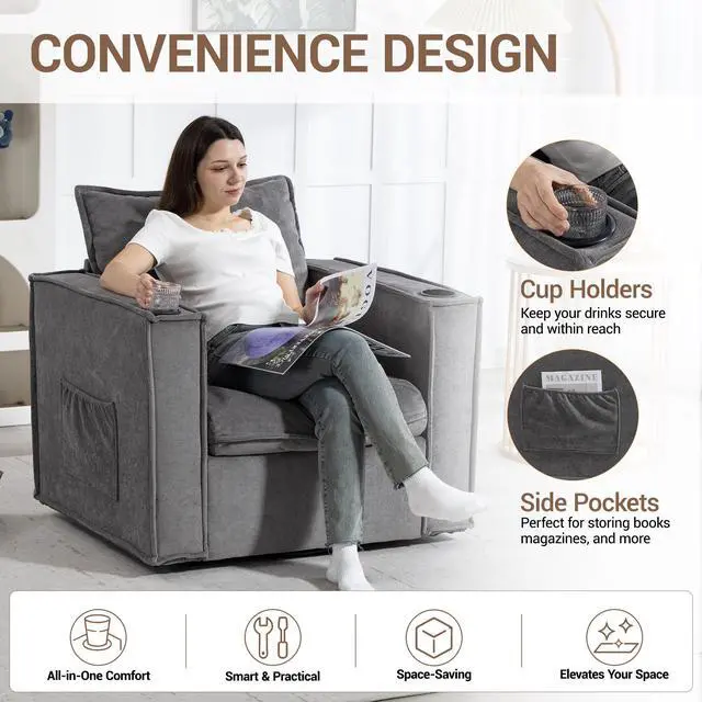Alt view image 5 of 7 - VANBOW 32 Inches Wide Swivel Accent Chair with Cup Holders, Comfy Couch with Side Pockets, Modern Sofa Chair for Living Room, Bedroom, Corner, Grey