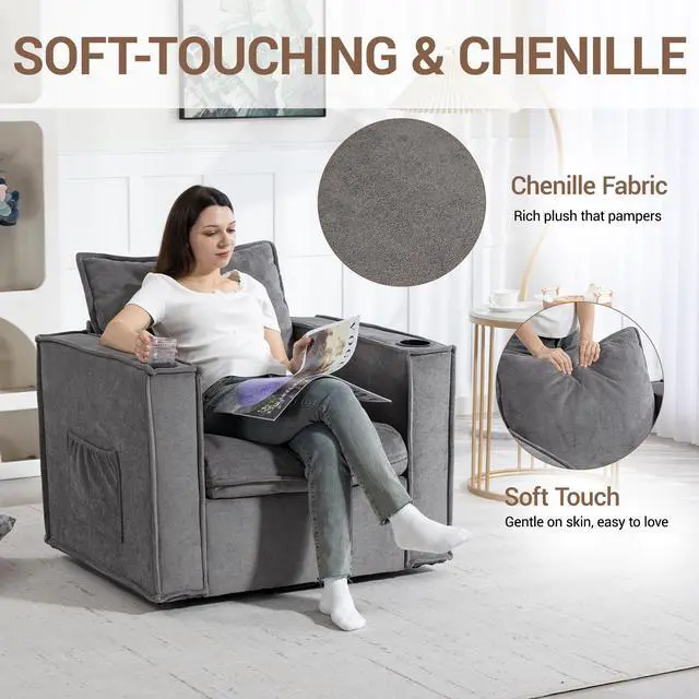 Alt view image 7 of 7 - VANBOW 32 Inches Wide Swivel Accent Chair with Cup Holders, Comfy Couch with Side Pockets, Modern Sofa Chair for Living Room, Bedroom, Corner, Grey