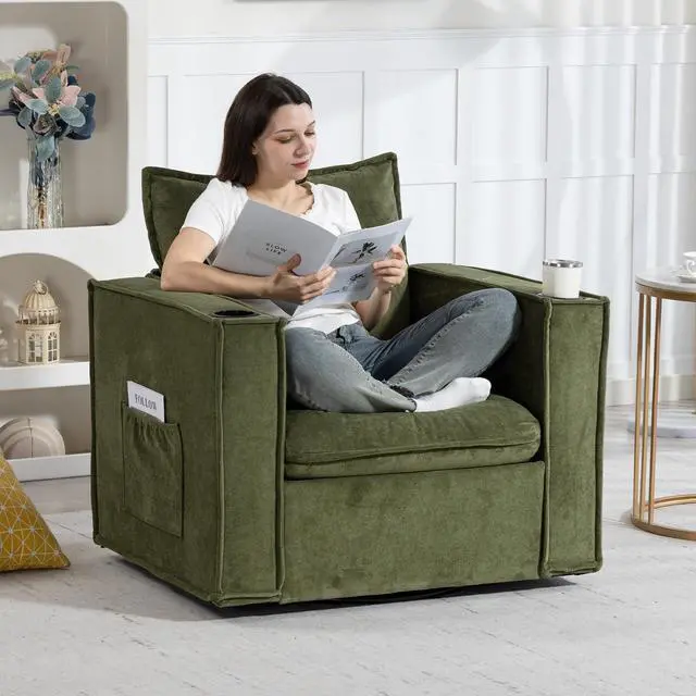 Main image of VANBOW 32 Inches Wide Swivel Accent Chair with Cup Holders, Comfy Couch with Side Pockets, Modern Sofa Chair for Living Room, Bedroom, Corner, Green