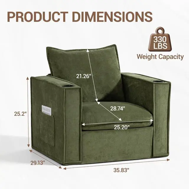 Alt view image 3 of 7 - VANBOW 32 Inches Wide Swivel Accent Chair with Cup Holders, Comfy Couch with Side Pockets, Modern Sofa Chair for Living Room, Bedroom, Corner, Green