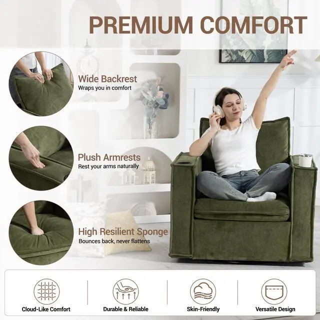 Alt view image 6 of 7 - VANBOW 32 Inches Wide Swivel Accent Chair with Cup Holders, Comfy Couch with Side Pockets, Modern Sofa Chair for Living Room, Bedroom, Corner, Green
