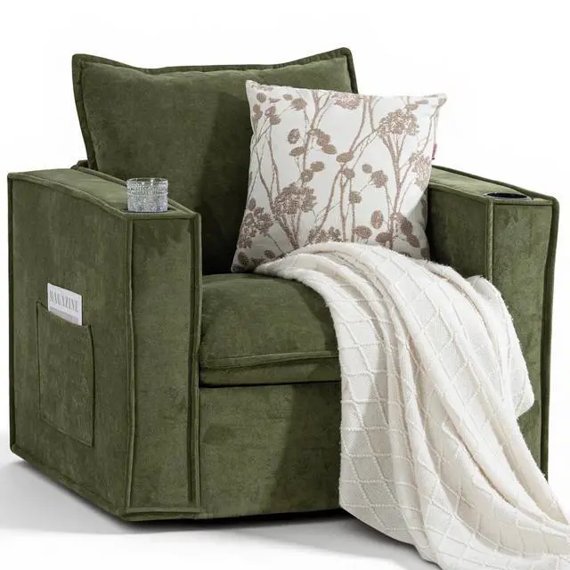 Alt view image 2 of 7 - VANBOW 32 Inches Wide Swivel Accent Chair with Cup Holders, Comfy Couch with Side Pockets, Modern Sofa Chair for Living Room, Bedroom, Corner, Green