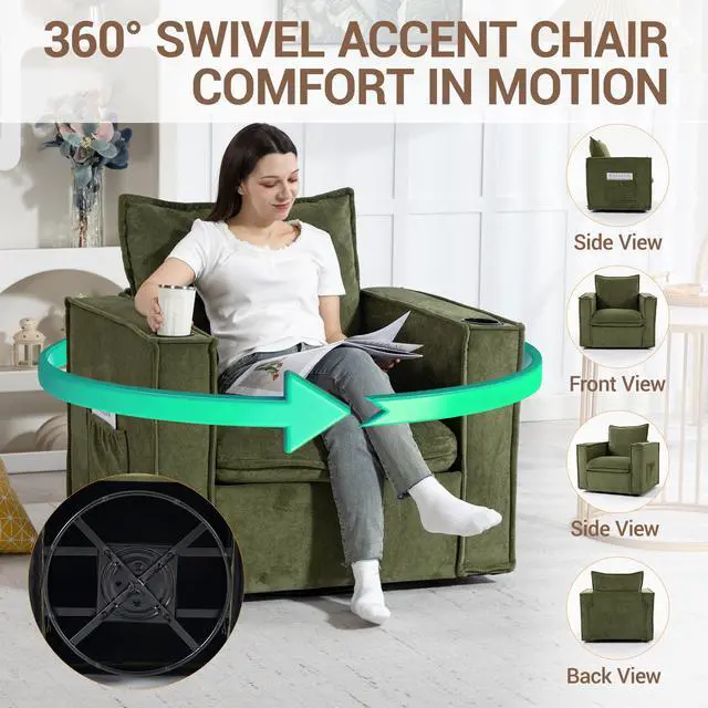Alt view image 4 of 7 - VANBOW 32 Inches Wide Swivel Accent Chair with Cup Holders, Comfy Couch with Side Pockets, Modern Sofa Chair for Living Room, Bedroom, Corner, Green