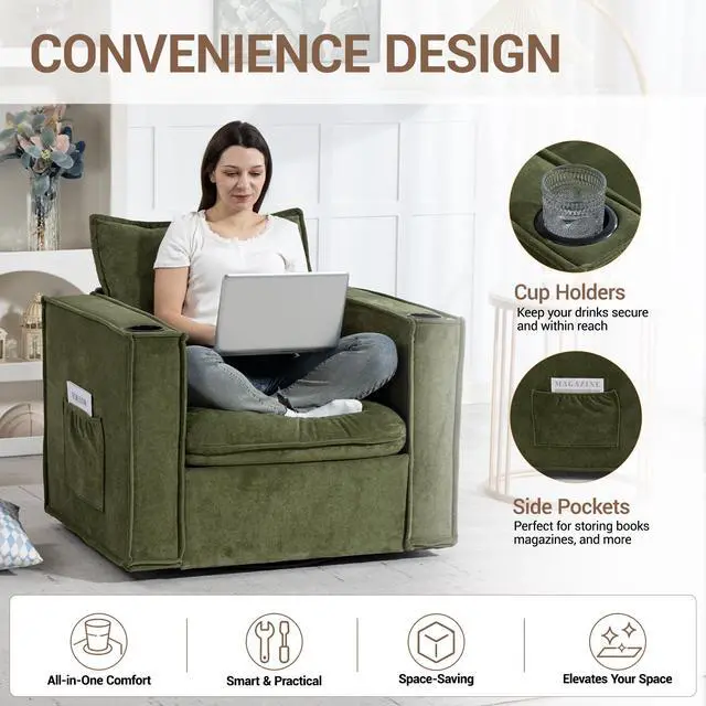 Alt view image 5 of 7 - VANBOW 32 Inches Wide Swivel Accent Chair with Cup Holders, Comfy Couch with Side Pockets, Modern Sofa Chair for Living Room, Bedroom, Corner, Green