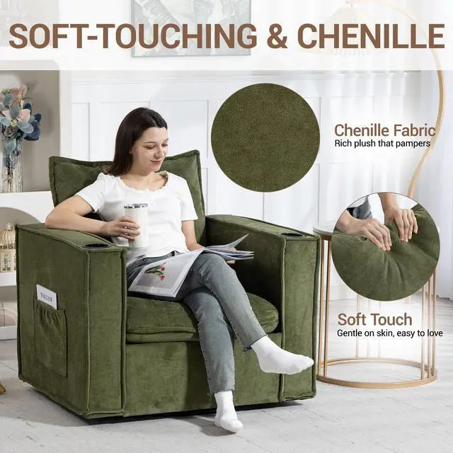 Alt view image 7 of 7 - VANBOW 32 Inches Wide Swivel Accent Chair with Cup Holders, Comfy Couch with Side Pockets, Modern Sofa Chair for Living Room, Bedroom, Corner, Green