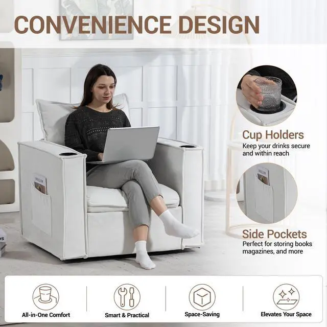 Alt view image 5 of 7 - VANBOW 32 Inches Wide Swivel Accent Chair with Cup Holders Set of 2, Comfy Couch with Side Pockets, Modern Sofa Chair for Living Room, Bedroom, Corner, White