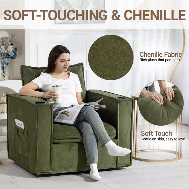 Alt view image 7 of 7 - VANBOW 32 Inches Wide Swivel Accent Chair with Cup Holders Set of 2, Comfy Couch with Side Pockets, Modern Sofa Chair for Living Room, Bedroom, Corner, Green