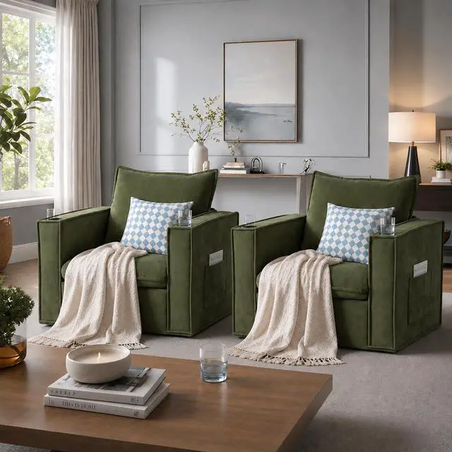 Main image of VANBOW 32 Inches Wide Swivel Accent Chair with Cup Holders Set of 2, Comfy Couch with Side Pockets, Modern Sofa Chair for Living Room, Bedroom, Corner, Green