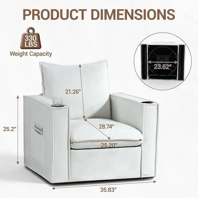 Alt view image 3 of 7 - VANBOW 32 Inches Wide Swivel Accent Chair with Cup Holders, Comfy Couch with Side Pockets, Modern Sofa Chair for Living Room, Bedroom, Corner, White