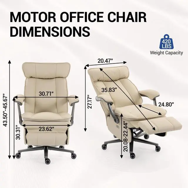 Alt view image 2 of 7 - VANBOW Executive Office Chair for Big & Tall, USB Charging Port, PU Leather High Back with Footrest, 420lbs Capacity, Electric Recline, Beige