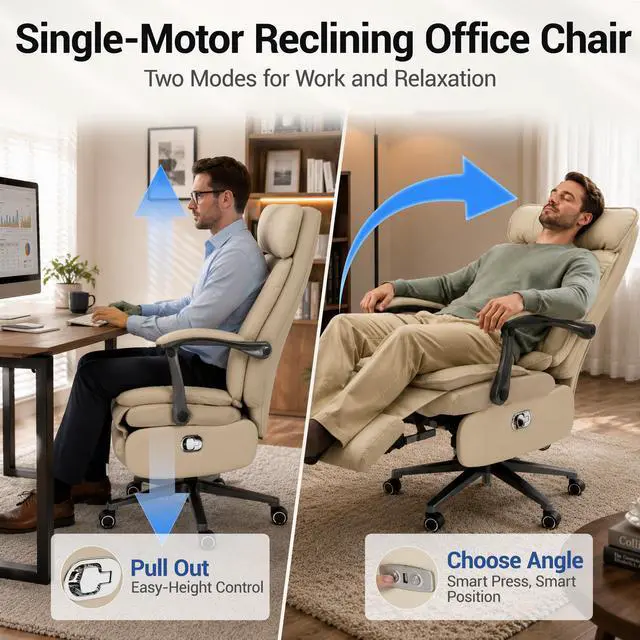 Alt view image 4 of 7 - VANBOW Executive Office Chair for Big & Tall, USB Charging Port, PU Leather High Back with Footrest, 420lbs Capacity, Electric Recline, Beige