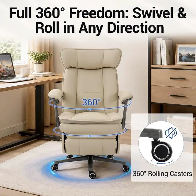Alt view image 6 of 7 - VANBOW Executive Office Chair for Big & Tall, USB Charging Port, PU Leather High Back with Footrest, 420lbs Capacity, Electric Recline, Beige