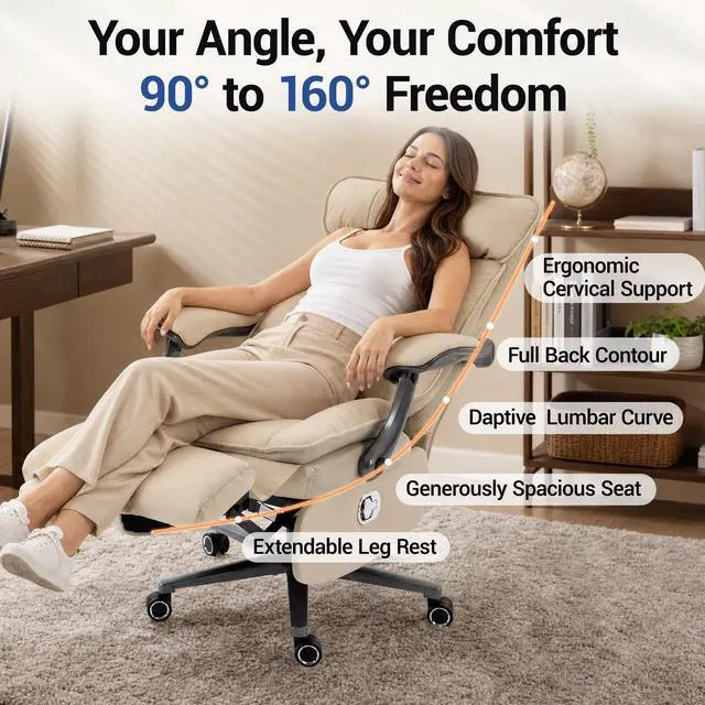 Alt view image 5 of 7 - VANBOW Executive Office Chair for Big & Tall, USB Charging Port, PU Leather High Back with Footrest, 420lbs Capacity, Electric Recline, Beige