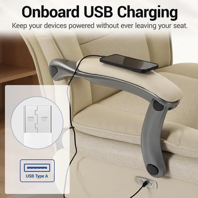 Alt view image 7 of 7 - VANBOW Executive Office Chair for Big & Tall, USB Charging Port, PU Leather High Back with Footrest, 420lbs Capacity, Electric Recline, Beige