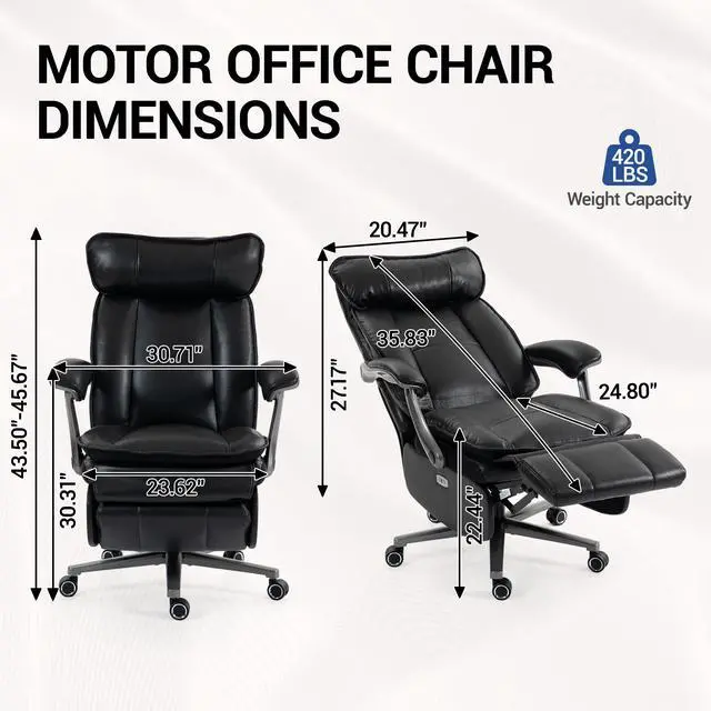 Alt view image 2 of 7 - VANBOW Executive Office Chair for Big & Tall, USB Charging Port, PU Leather High Back with Footrest, 420lbs Capacity, Electric Recline, Black
