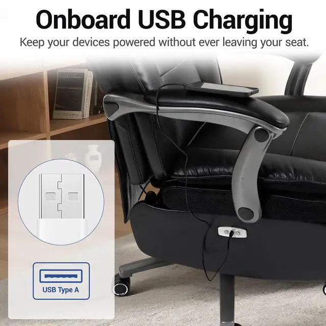 Alt view image 7 of 7 - VANBOW Executive Office Chair for Big & Tall, USB Charging Port, PU Leather High Back with Footrest, 420lbs Capacity, Electric Recline, Black