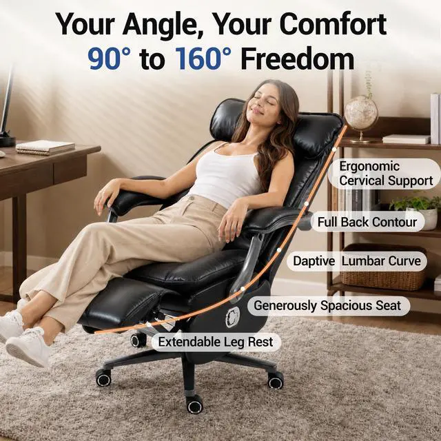 Alt view image 5 of 7 - VANBOW Executive Office Chair for Big & Tall, USB Charging Port, PU Leather High Back with Footrest, 420lbs Capacity, Electric Recline, Black