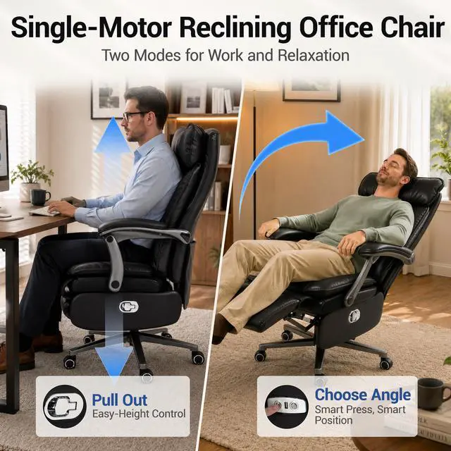 Alt view image 4 of 7 - VANBOW Executive Office Chair for Big & Tall, USB Charging Port, PU Leather High Back with Footrest, 420lbs Capacity, Electric Recline, Black