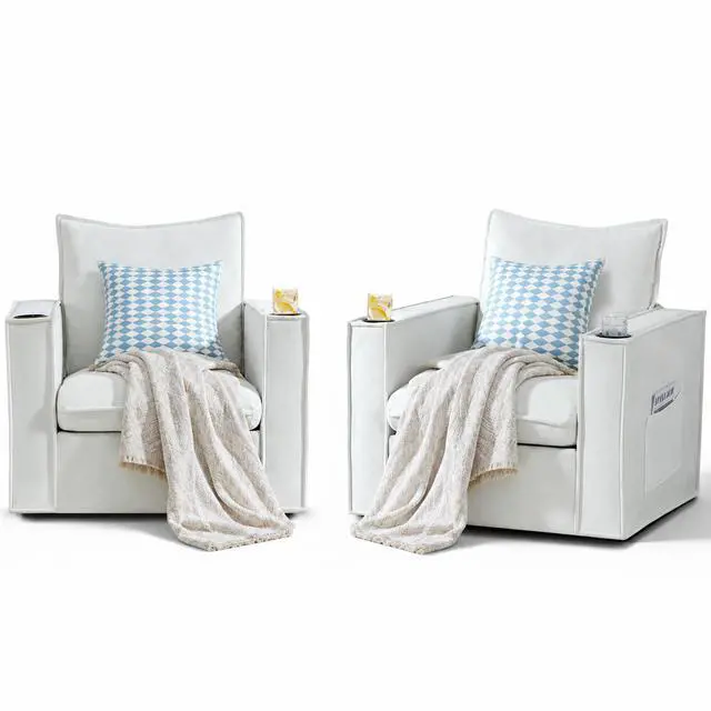 Main image of VANBOW 32 Inches Wide Swivel Accent Chair with Cup Holders Set of 2, Comfy Couch with Side Pockets, Modern Sofa Chair for Living Room, Bedroom, Corner, White