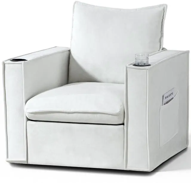 Main image of VANBOW 32 Inches Wide Swivel Accent Chair with Cup Holders, Comfy Couch with Side Pockets, Modern Sofa Chair for Living Room, Bedroom, Corner, White