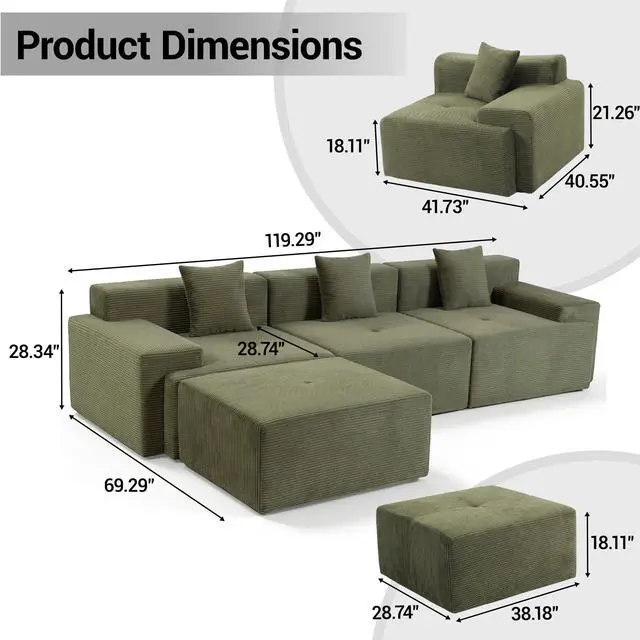 Alt view image 2 of 7 - VANBOW 119'' Cloud Sectional Couch, L-Shaped Boneless Sectional Sofa with Chaise, Flexible Module Combination for Living Room, No Assembly, Green