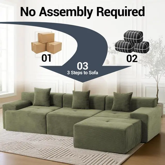 Alt view image 7 of 7 - VANBOW 119'' Cloud Sectional Couch, L-Shaped Boneless Sectional Sofa with Chaise, Flexible Module Combination for Living Room, No Assembly, Green