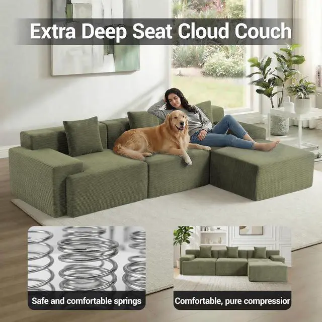 Alt view image 3 of 7 - VANBOW 119'' Cloud Sectional Couch, L-Shaped Boneless Sectional Sofa with Chaise, Flexible Module Combination for Living Room, No Assembly, Green