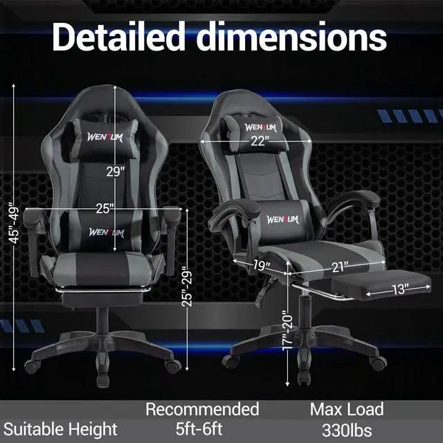 Alt view image 3 of 7 - VANBOW Gaming Chair Ergonomic Video Game Chair for Adults, Adjustable Headrest & Footrest, 90-135° Recline, 360° Swivel, for Gaming Room/Office/Bedroom (Black/Grey)