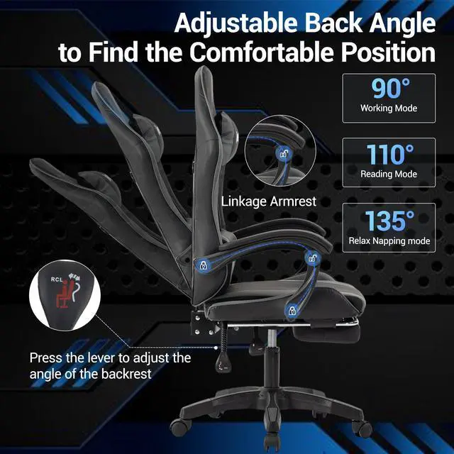 Alt view image 4 of 7 - VANBOW Gaming Chair Ergonomic Video Game Chair for Adults, Adjustable Headrest & Footrest, 90-135° Recline, 360° Swivel, for Gaming Room/Office/Bedroom (Black/Grey)