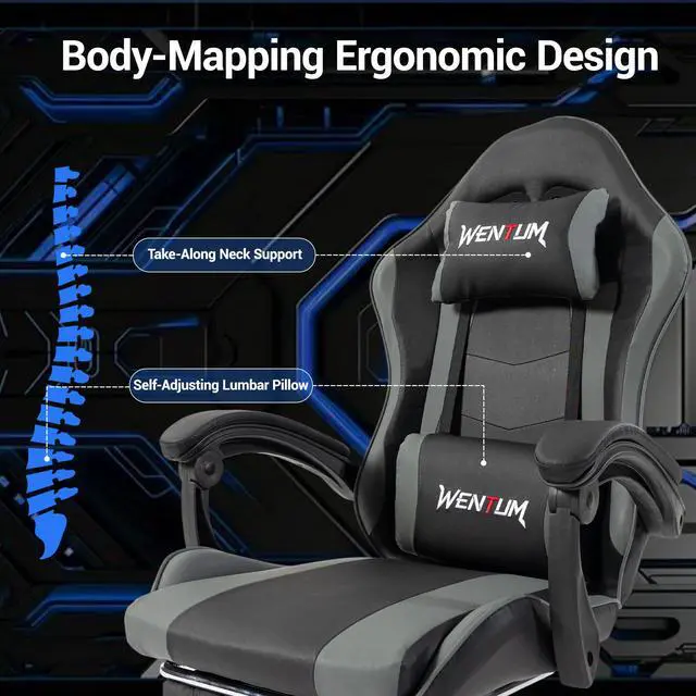 Alt view image 6 of 7 - VANBOW Gaming Chair Ergonomic Video Game Chair for Adults, Adjustable Headrest & Footrest, 90-135° Recline, 360° Swivel, for Gaming Room/Office/Bedroom (Black/Grey)