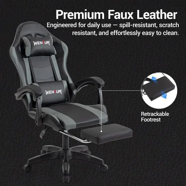 Alt view image 7 of 7 - VANBOW Gaming Chair Ergonomic Video Game Chair for Adults, Adjustable Headrest & Footrest, 90-135° Recline, 360° Swivel, for Gaming Room/Office/Bedroom (Black/Grey)