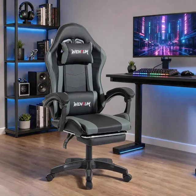 Main image of VANBOW Gaming Chair Ergonomic Video Game Chair for Adults, Adjustable Headrest & Footrest, 90-135° Recline, 360° Swivel, for Gaming Room/Office/Bedroom (Black/Grey)