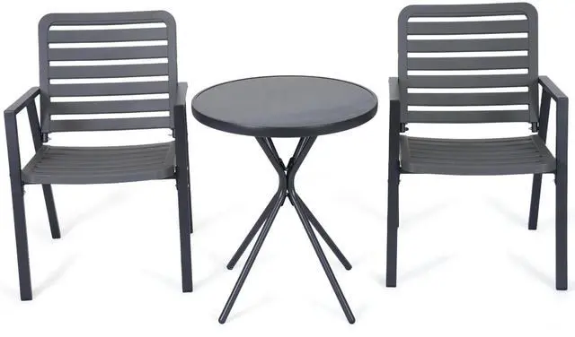 Alt view image 2 of 7 - VANBOW 3 Pieces Bistro Table and Chairs, Waterproof Patio Furniture Set, All-Weather Outdoor Table and Chairs, Balcony Furniture for Porch, Yard, Garden, Grey