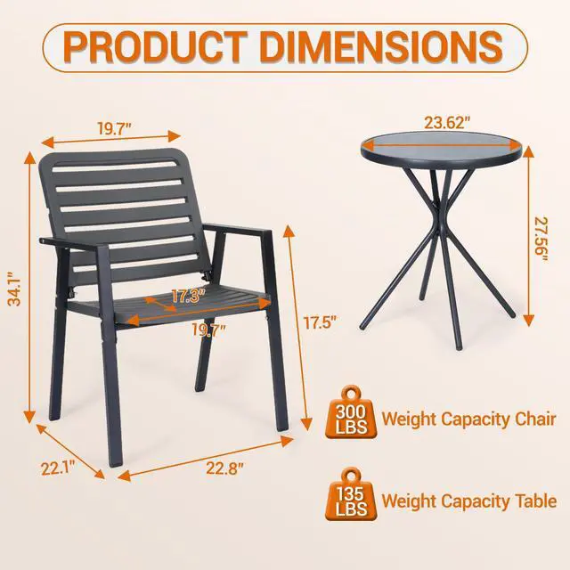 Alt view image 3 of 7 - VANBOW 3 Pieces Bistro Table and Chairs, Waterproof Patio Furniture Set, All-Weather Outdoor Table and Chairs, Balcony Furniture for Porch, Yard, Garden, Grey