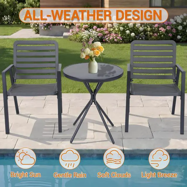 Alt view image 7 of 7 - VANBOW 3 Pieces Bistro Table and Chairs, Waterproof Patio Furniture Set, All-Weather Outdoor Table and Chairs, Balcony Furniture for Porch, Yard, Garden, Grey