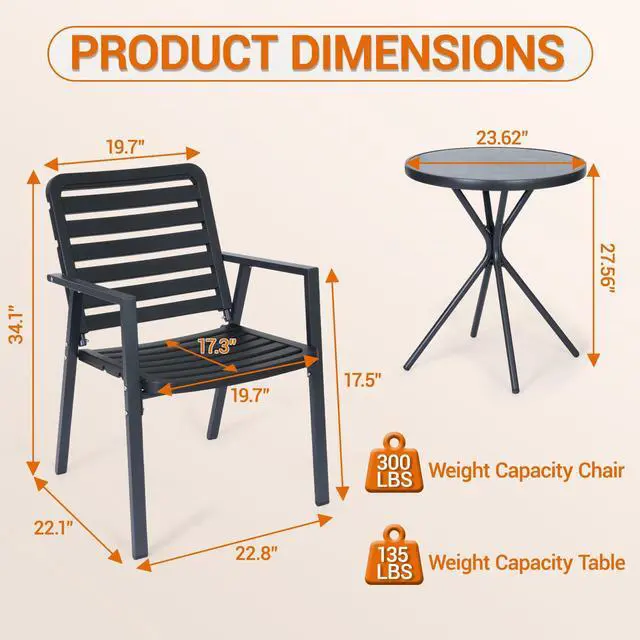 Alt view image 3 of 7 - VANBOW 3 Pieces Bistro Table and Chairs, Waterproof Patio Furniture Set, All-Weather Outdoor Table and Chairs, Balcony Furniture for Porch, Yard, Garden, Black