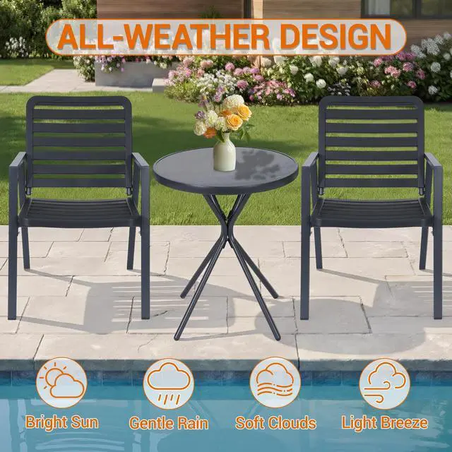Alt view image 7 of 7 - VANBOW 3 Pieces Bistro Table and Chairs, Waterproof Patio Furniture Set, All-Weather Outdoor Table and Chairs, Balcony Furniture for Porch, Yard, Garden, Black