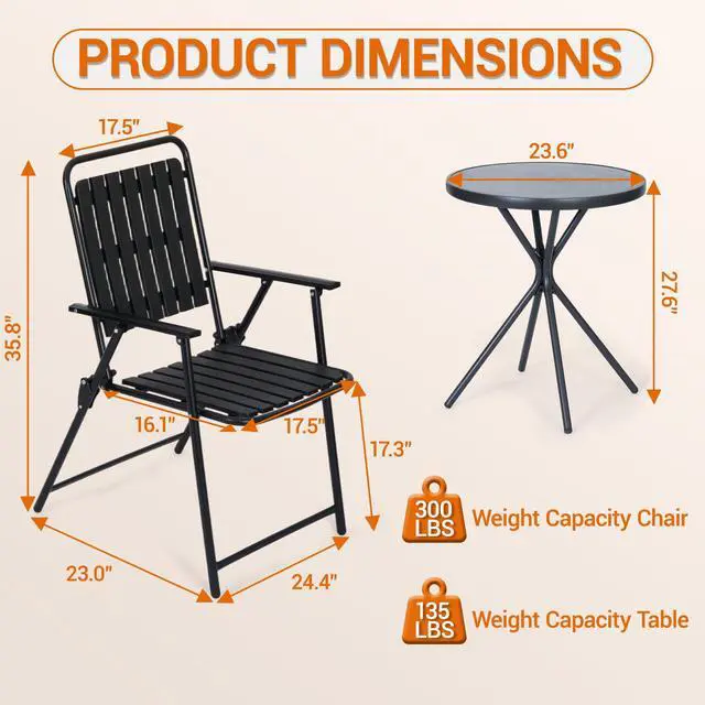 Alt view image 3 of 7 - VANBOW 3 Pieces Patio Furniture Set, Bistro Table and Foldable Chairs, Waterproof Patio Furniture Folding Set, All-Weather outdoor table and chairs, Balcony Furniture for Porch, Yard, Garden, Black