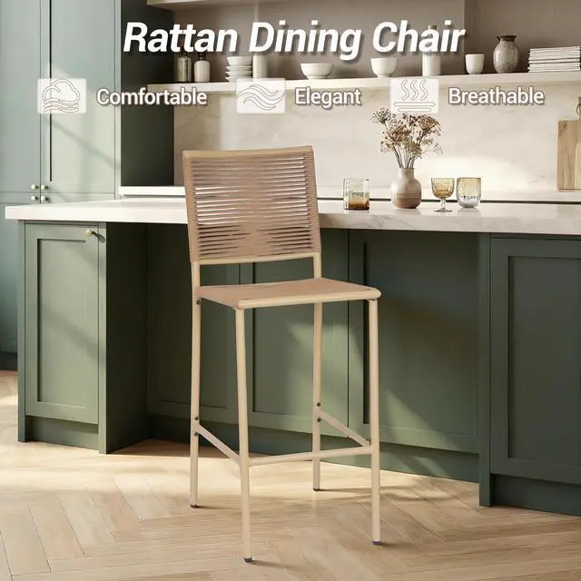 Alt view image 7 of 7 - VANBOW Counter Height Bar Stool Set of 4, 30" Patio Rattan Bar Stool Chairs with Metal Frame, Outdoor Armless Barstools for Porch Garden Indoor Kitchen, Yellow